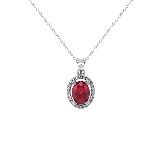Oval cut raspberry red gemstone pendant, white gold french pavé halo setting.