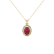 Oval cut raspberry red gemstone pendant, yellow gold french pavé halo setting.