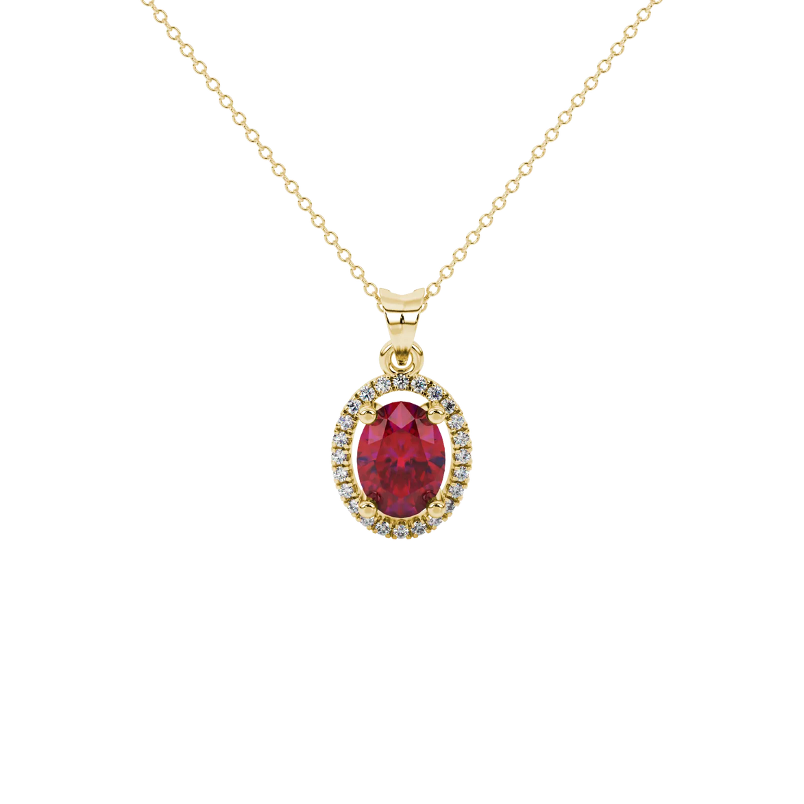 Oval cut raspberry red gemstone pendant, yellow gold french pavé halo setting.