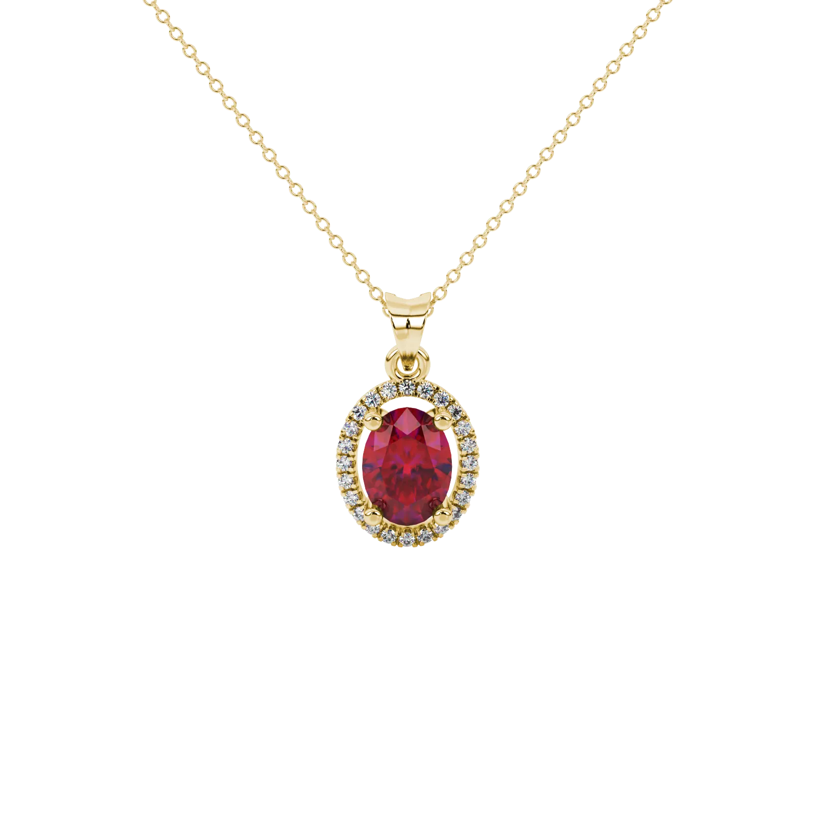 Oval cut raspberry red gemstone pendant, yellow gold french pavé halo setting.