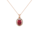 Oval cut raspberry red gemstone pendant, rose gold french pavé halo setting.