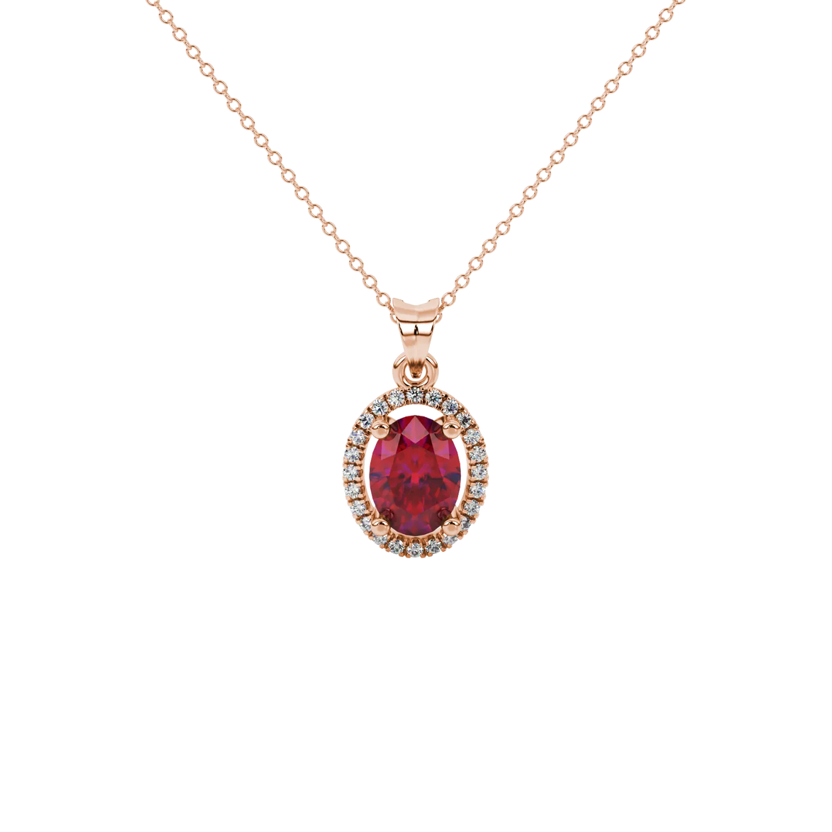 Oval cut raspberry red gemstone pendant, rose gold french pavé halo setting.