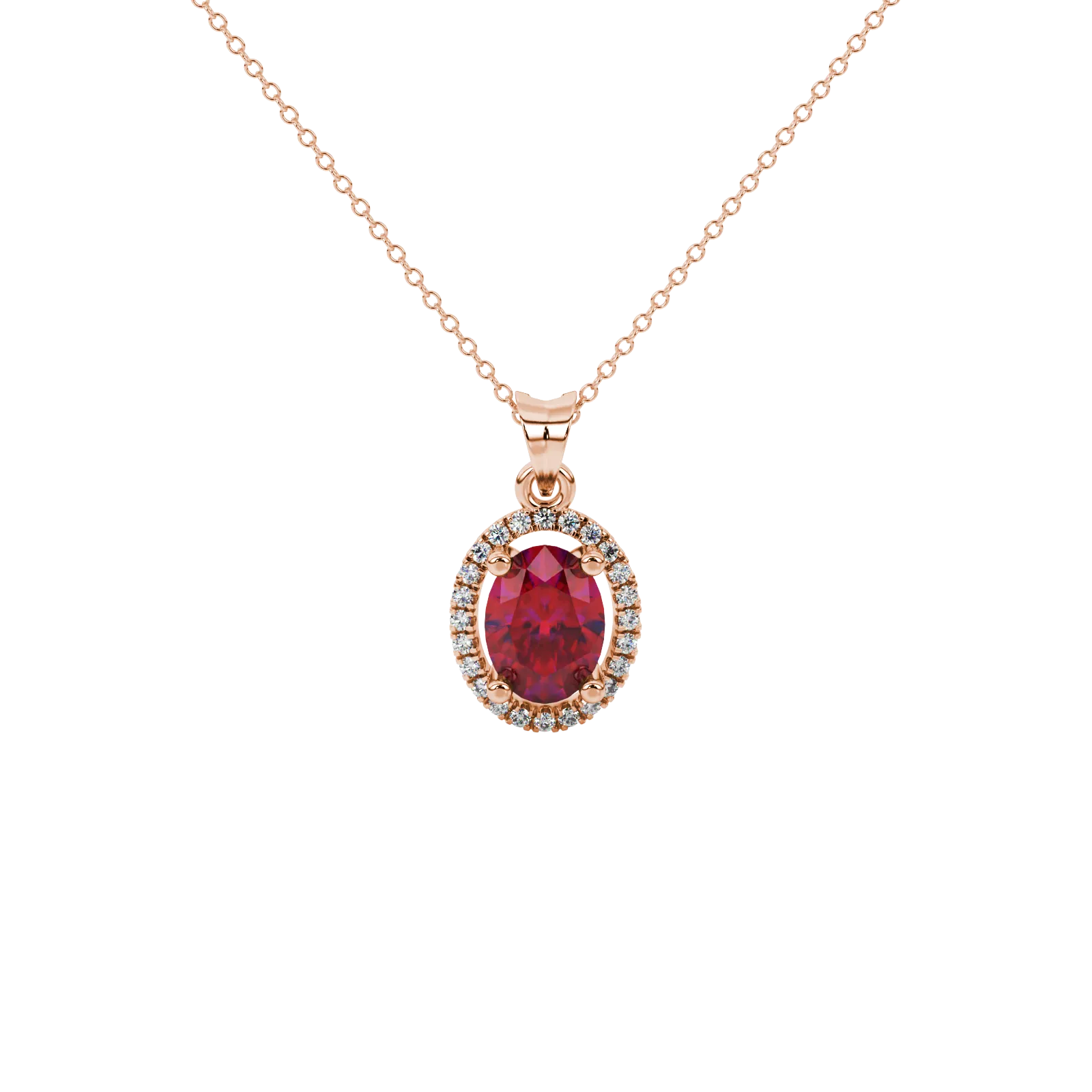 Oval cut raspberry red gemstone pendant, rose gold french pavé halo setting.