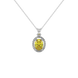 Oval cut canary yellow gemstone pendant, white gold french pavé halo setting.