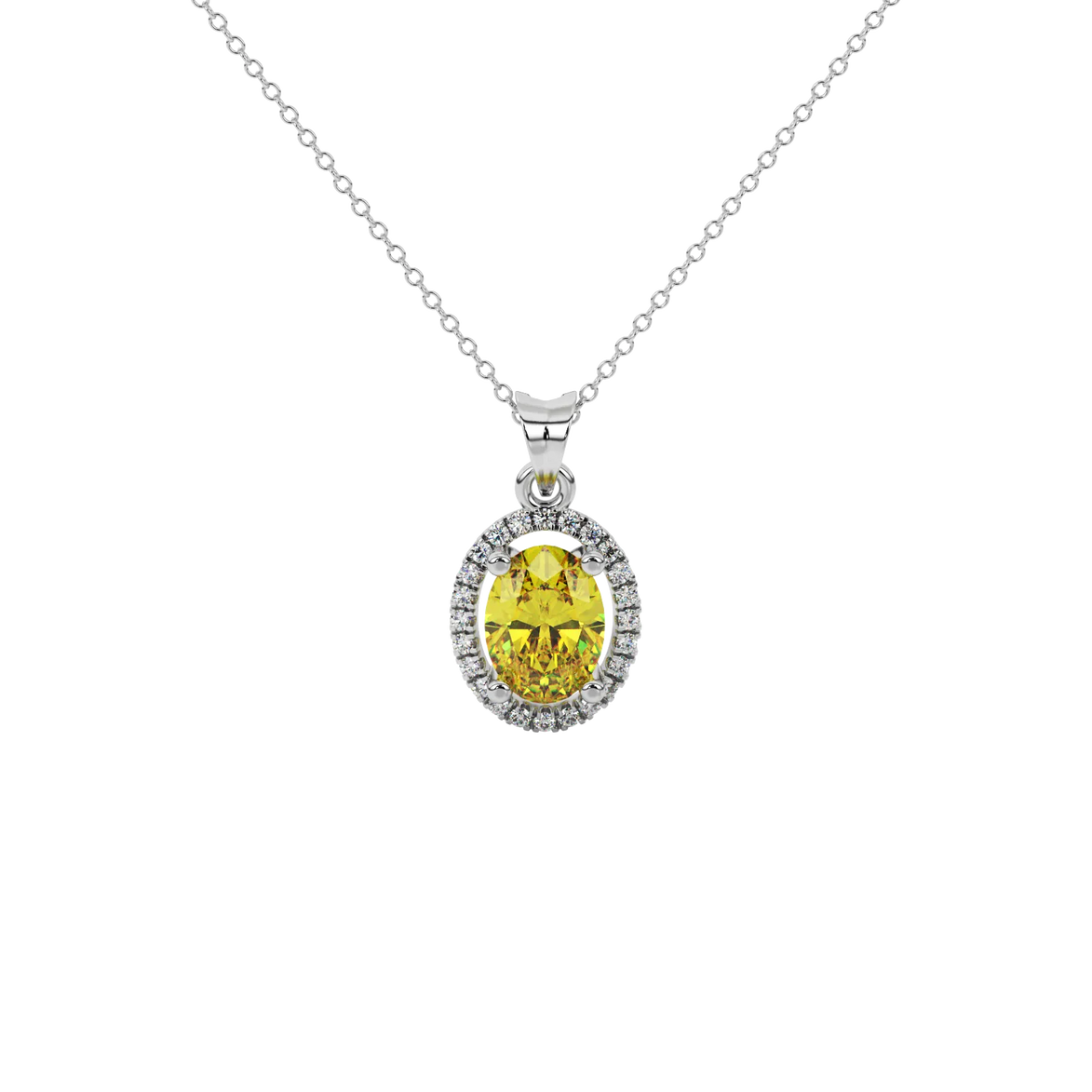 Oval cut canary yellow gemstone pendant, white gold french pavé halo setting.