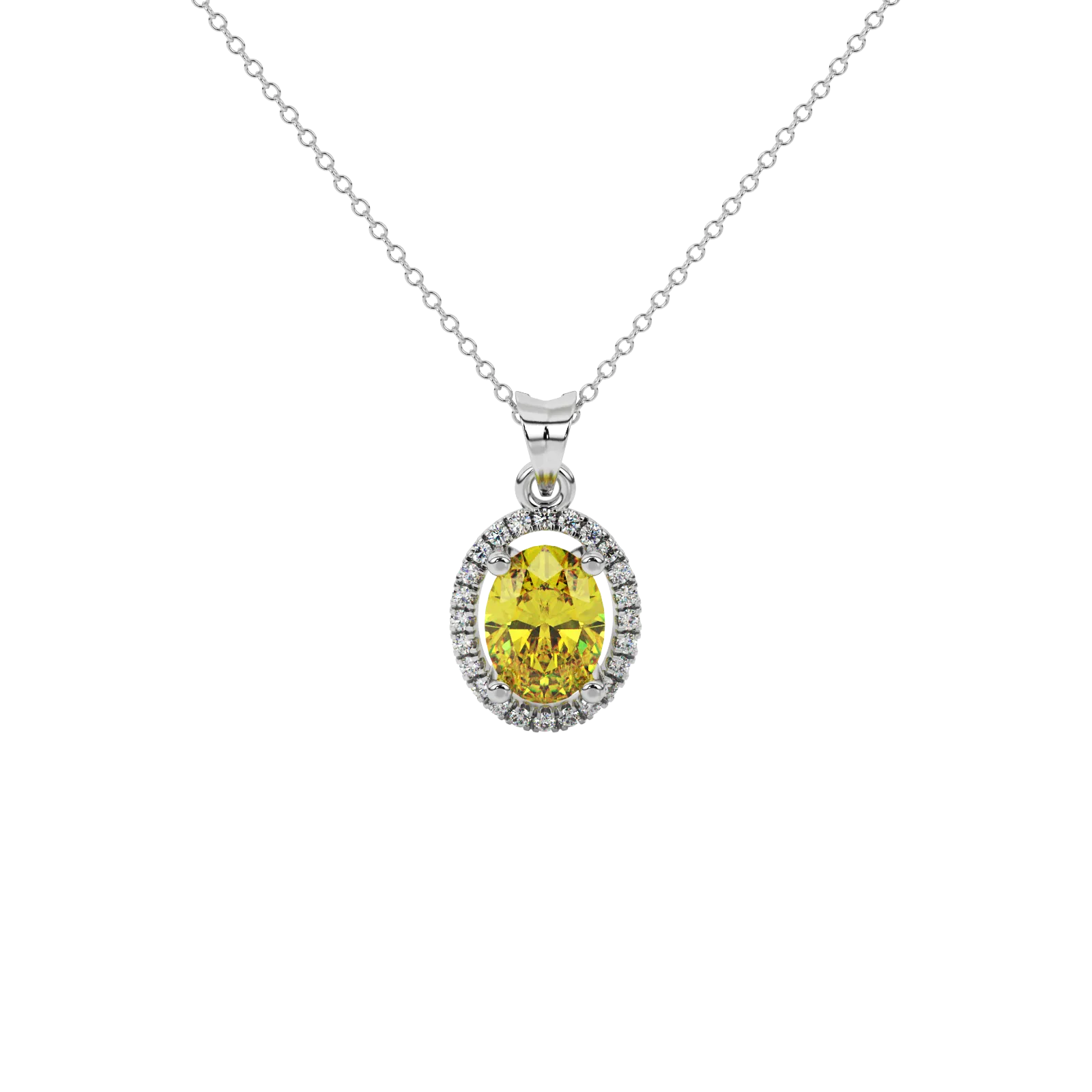 Oval cut canary yellow gemstone pendant, white gold french pavé halo setting.