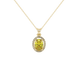 Oval cut canary yellow gemstone pendant, yellow gold french pavé halo setting.