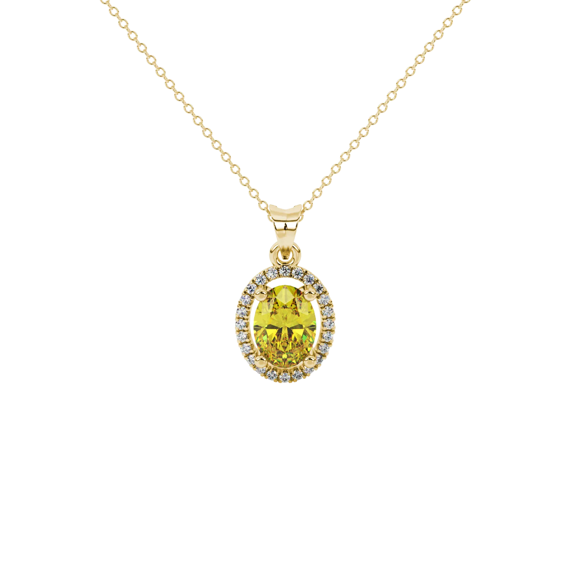 Oval cut canary yellow gemstone pendant, yellow gold french pavé halo setting.