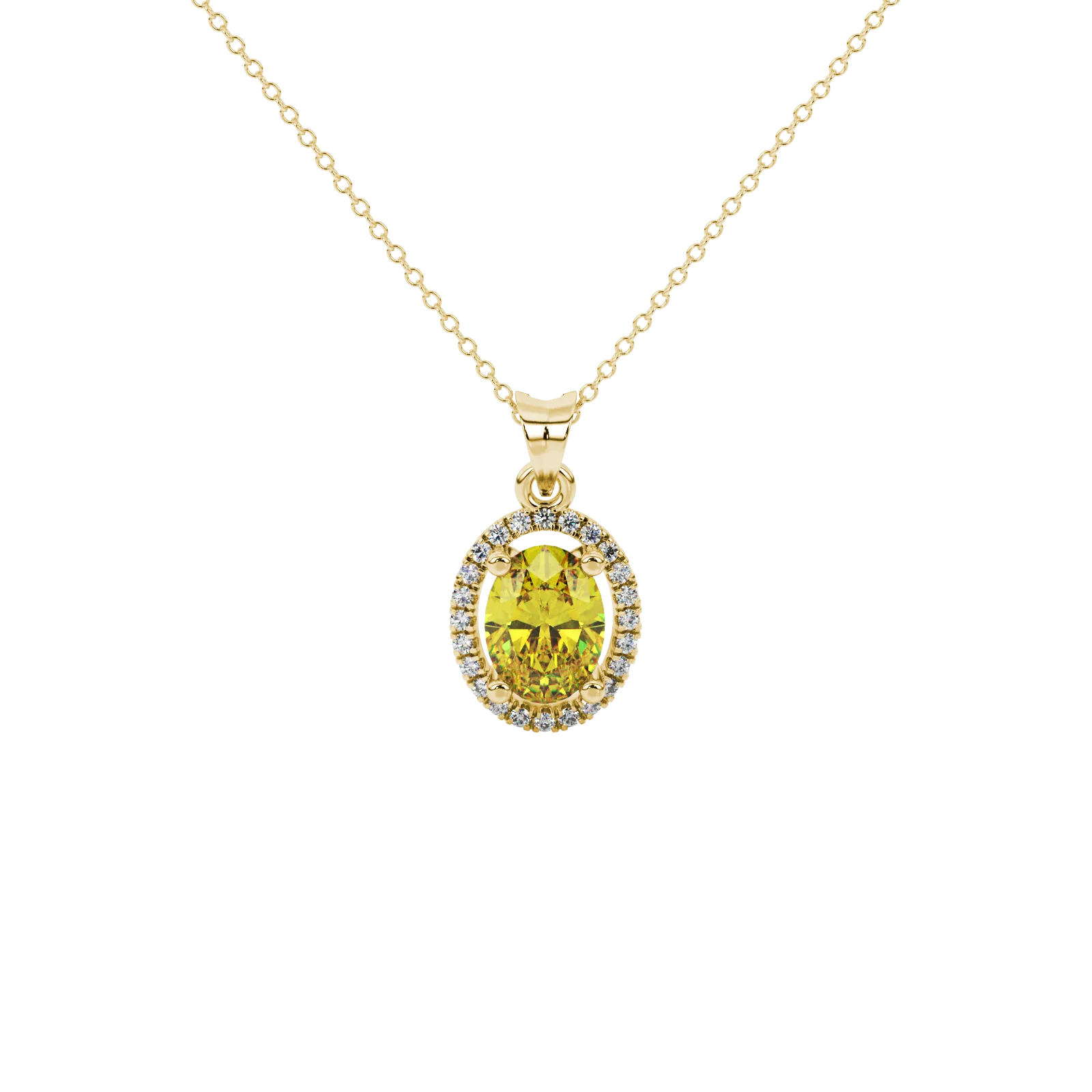 Oval cut canary yellow gemstone pendant, yellow gold french pavé halo setting.
