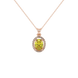 Oval cut canary yellow gemstone pendant, rose gold french pavé halo setting.