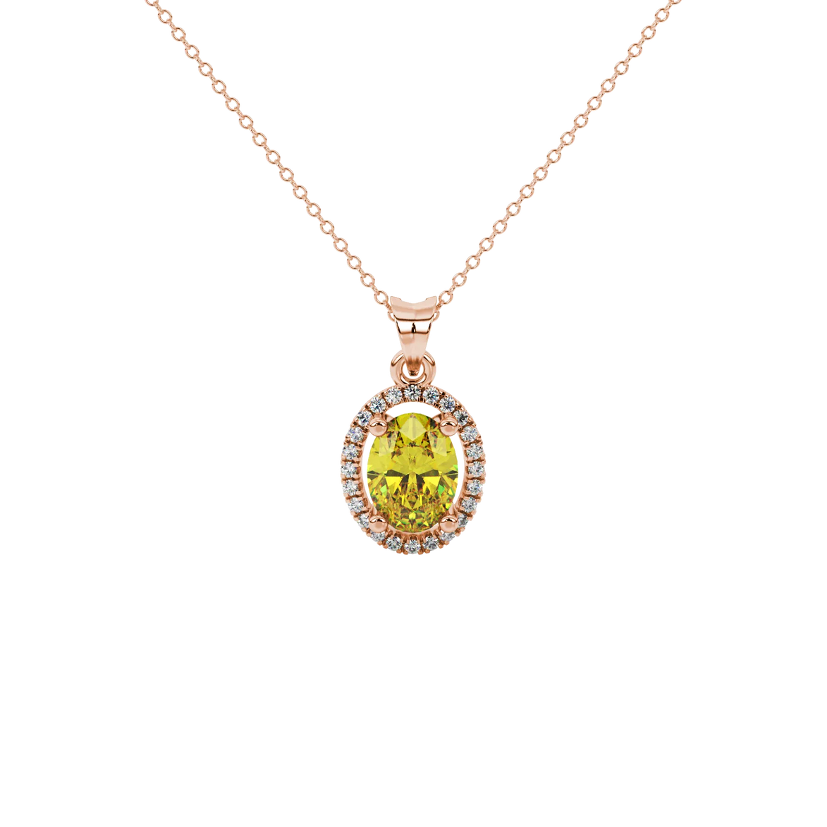 Oval cut canary yellow gemstone pendant, rose gold french pavé halo setting.