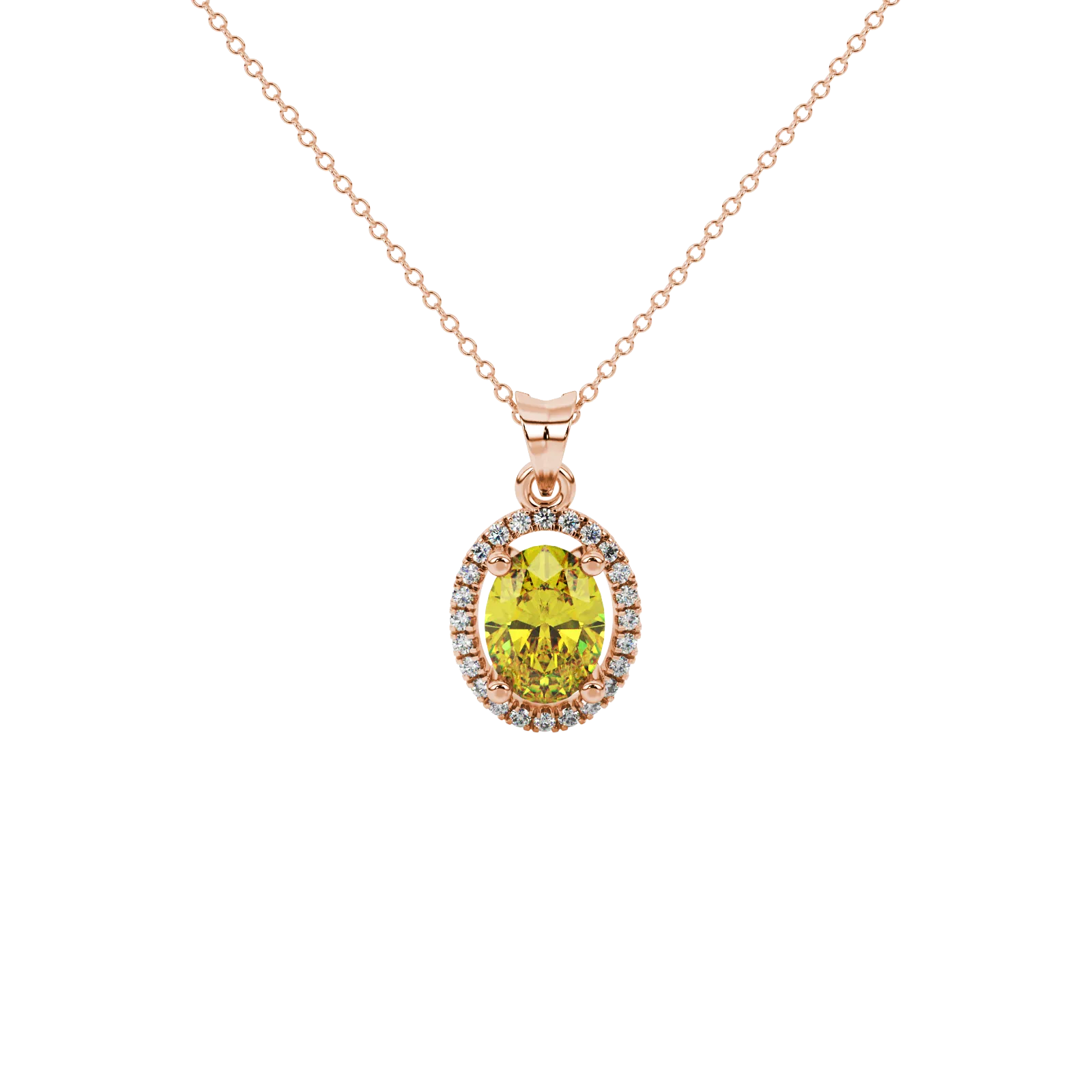 Oval cut canary yellow gemstone pendant, rose gold french pavé halo setting.