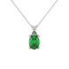 Oval cut emerald green gemstone pendant, white gold lotus basket setting.