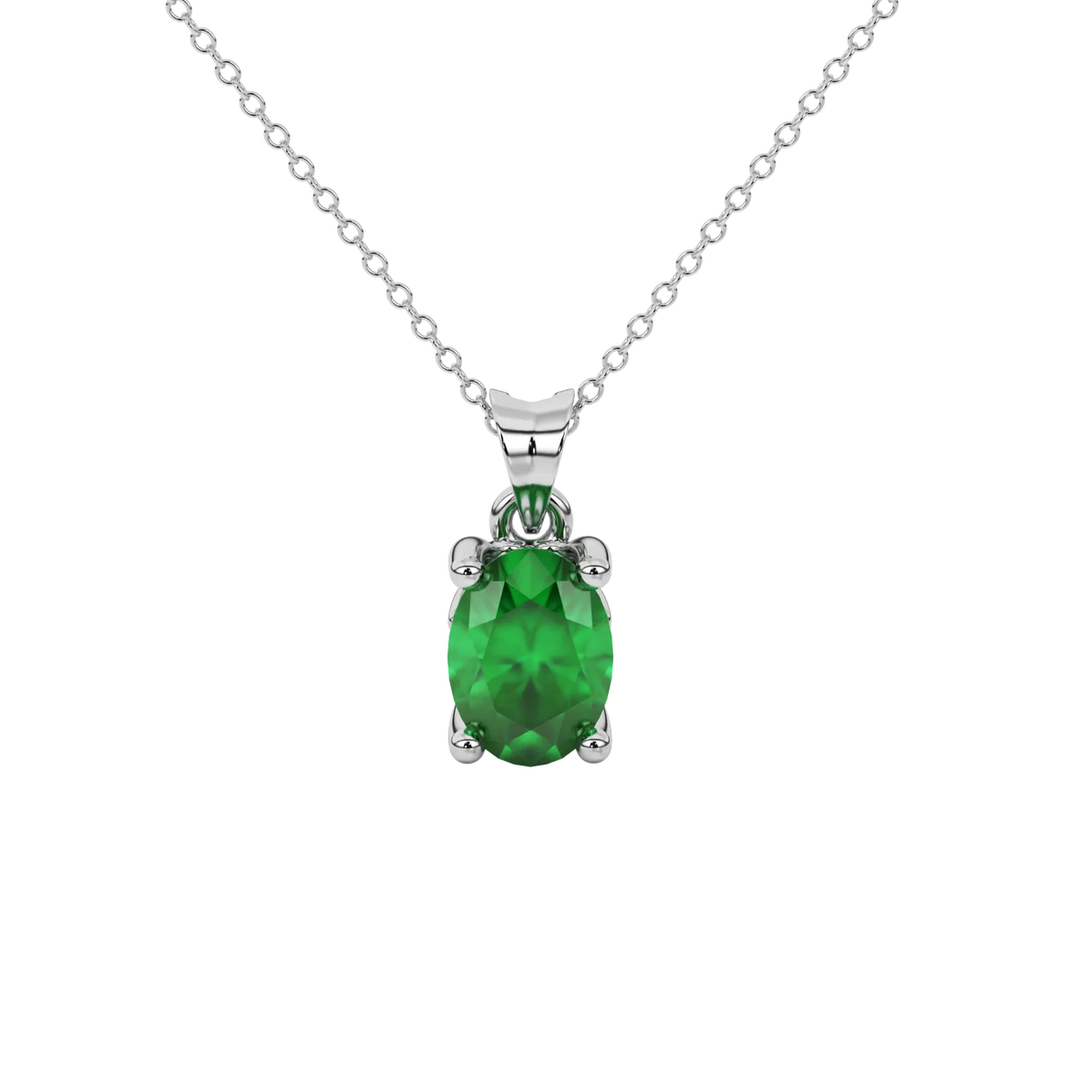Oval cut emerald green gemstone pendant, white gold lotus basket setting.