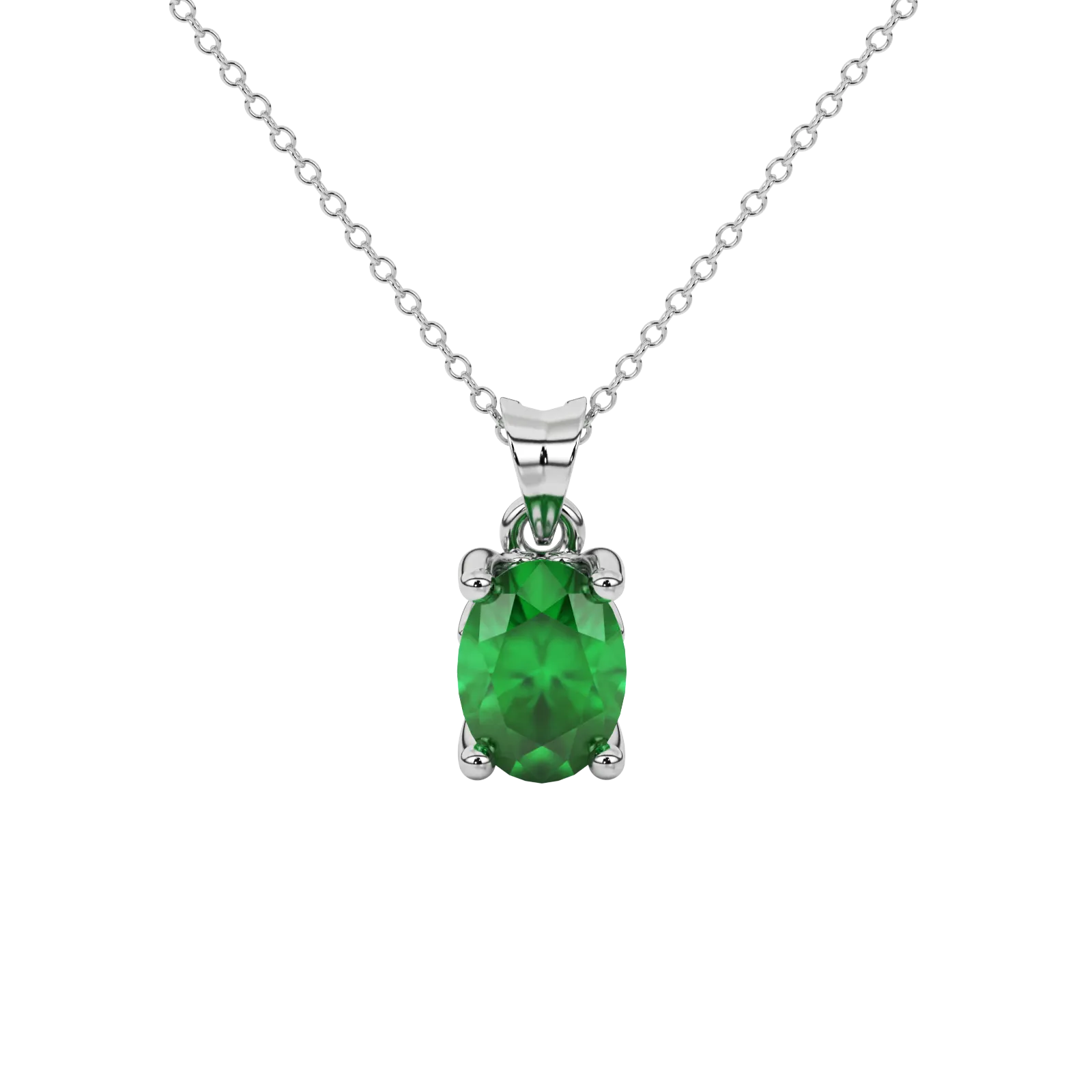 Oval cut emerald green gemstone pendant, white gold lotus basket setting.