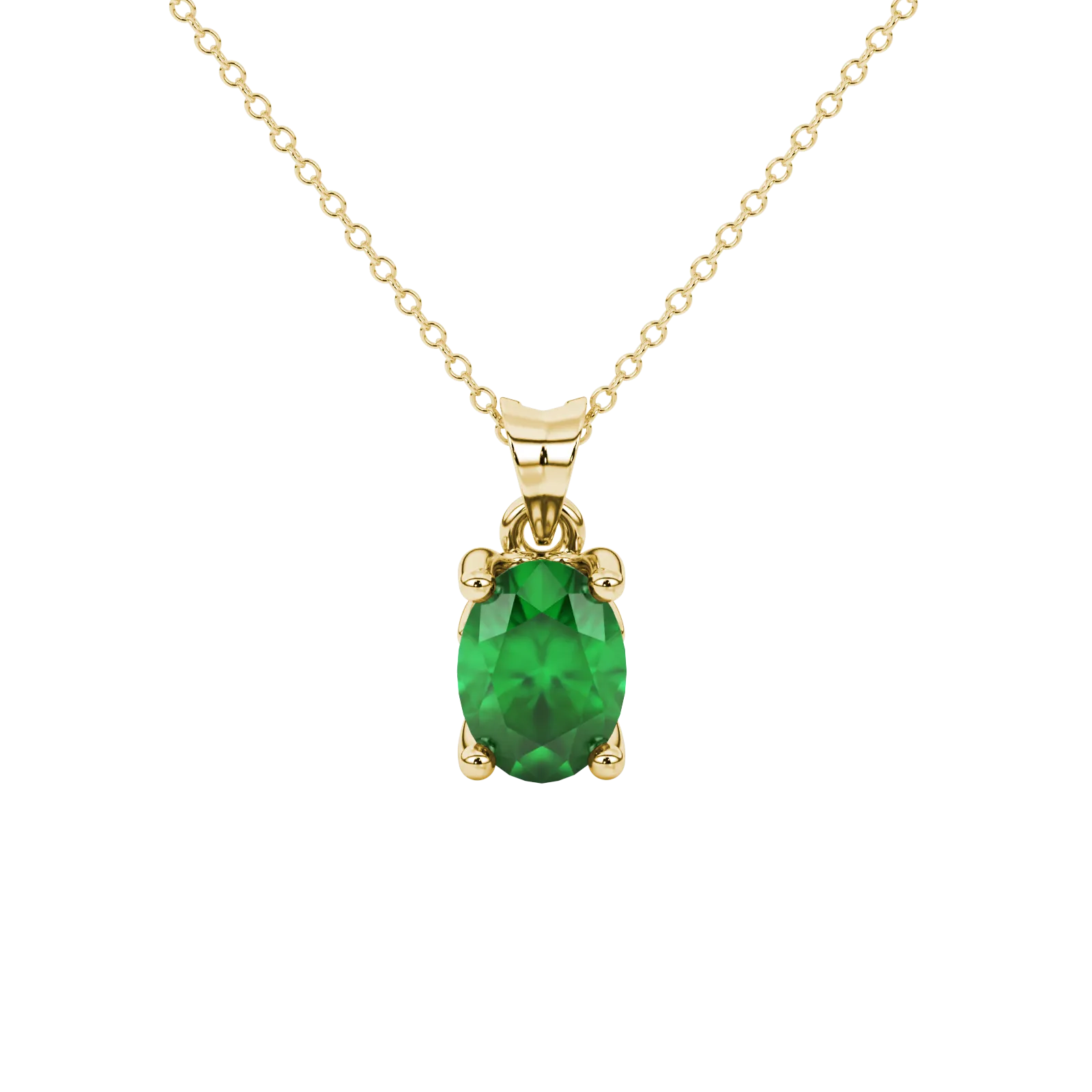 Oval cut emerald green gemstone pendant, yellow gold lotus basket setting.