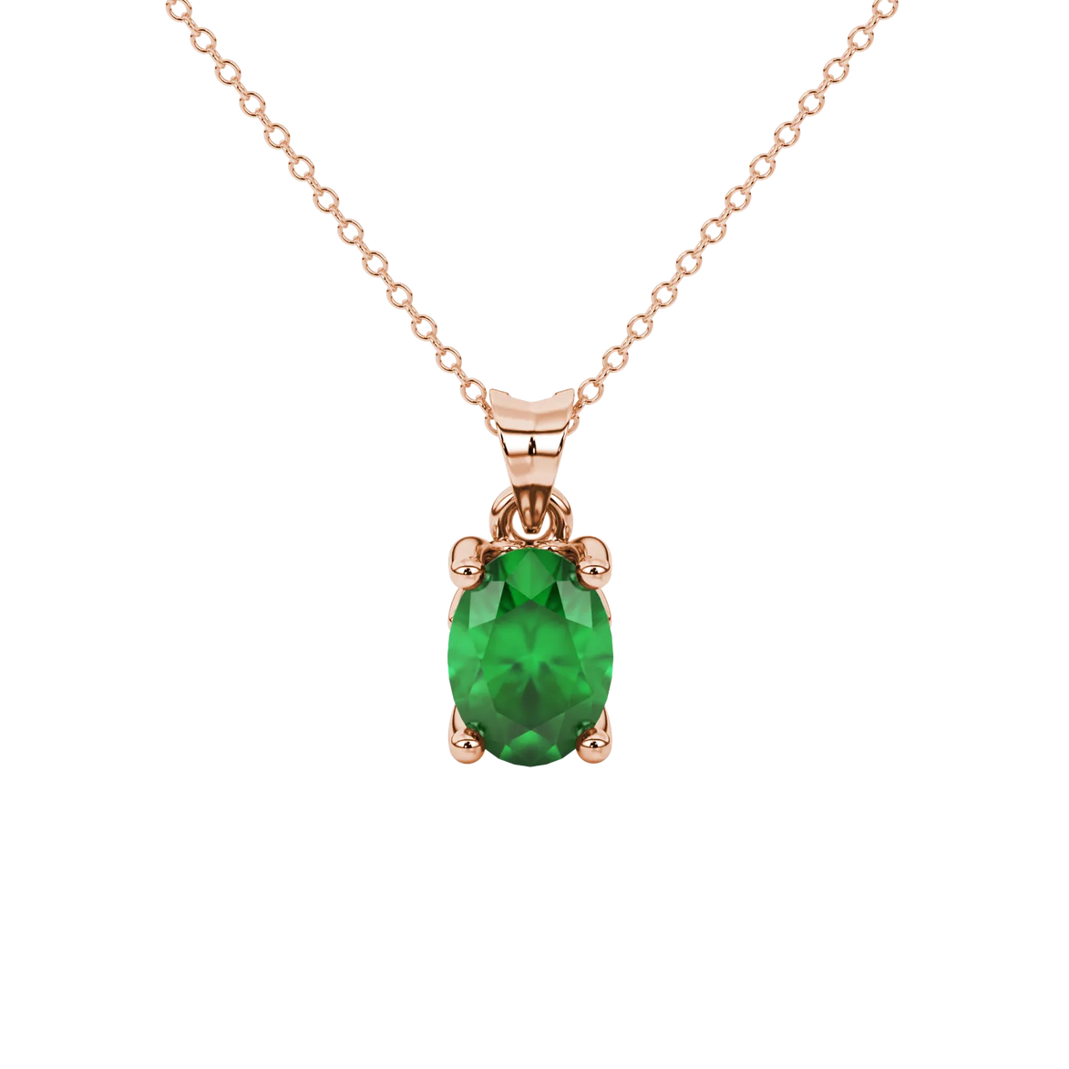 Oval cut emerald green gemstone pendant, rose gold lotus basket setting.