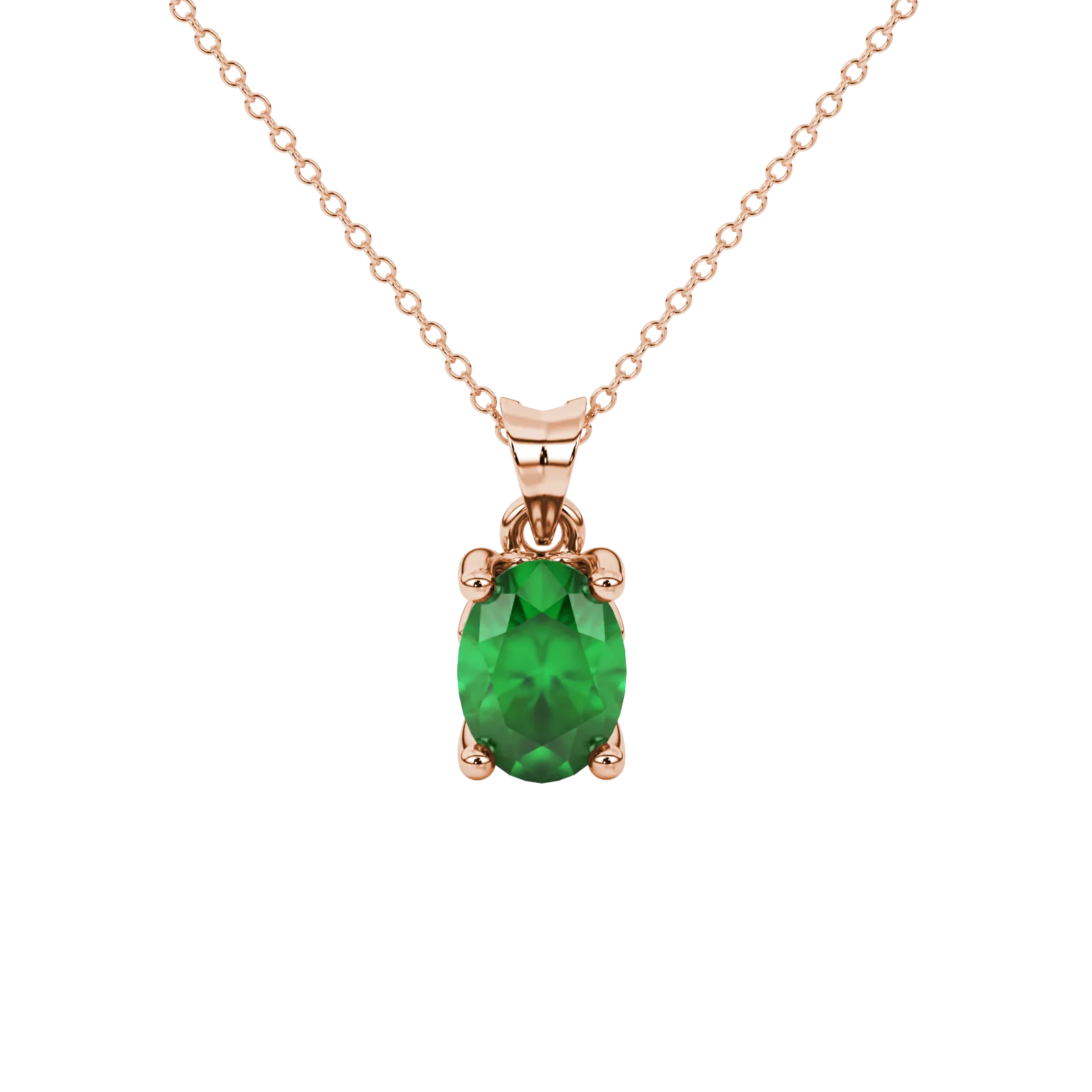Oval cut emerald green gemstone pendant, rose gold lotus basket setting.