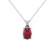 Oval cut raspberry red gemstone pendant, white gold lotus basket setting.