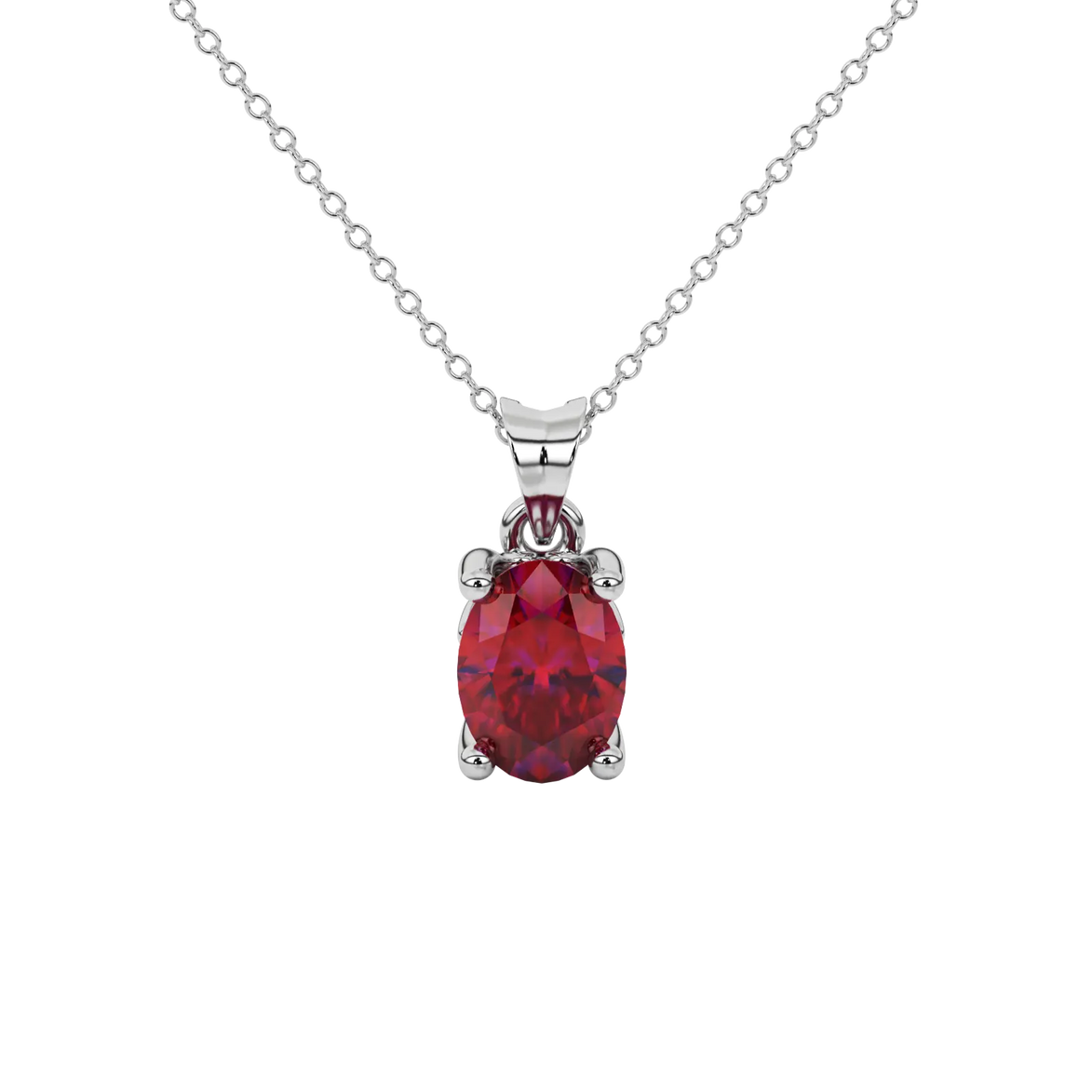 Oval cut raspberry red gemstone pendant, white gold lotus basket setting.