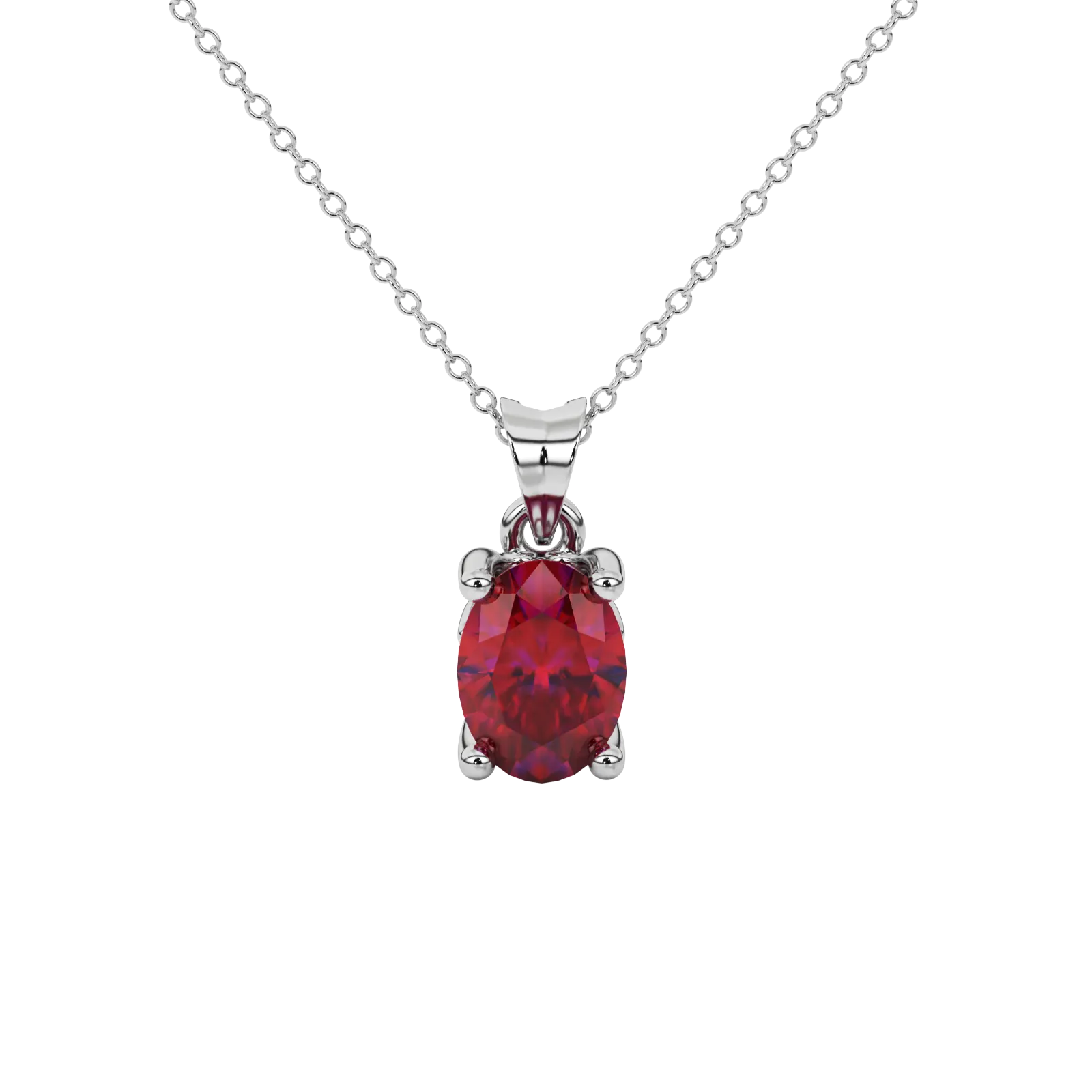 Oval cut raspberry red gemstone pendant, white gold lotus basket setting.