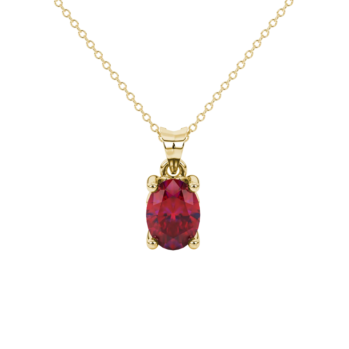 Oval cut raspberry red gemstone pendant, yellow gold lotus basket setting.