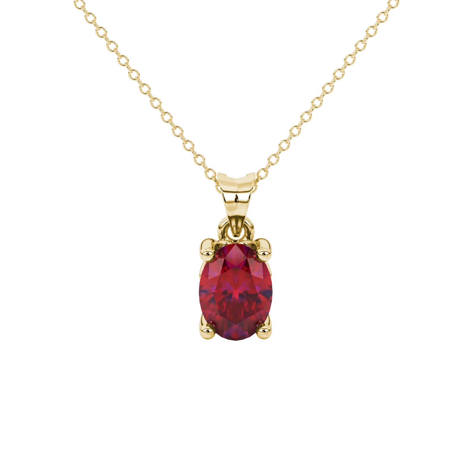 Oval cut raspberry red gemstone pendant, yellow gold lotus basket setting.