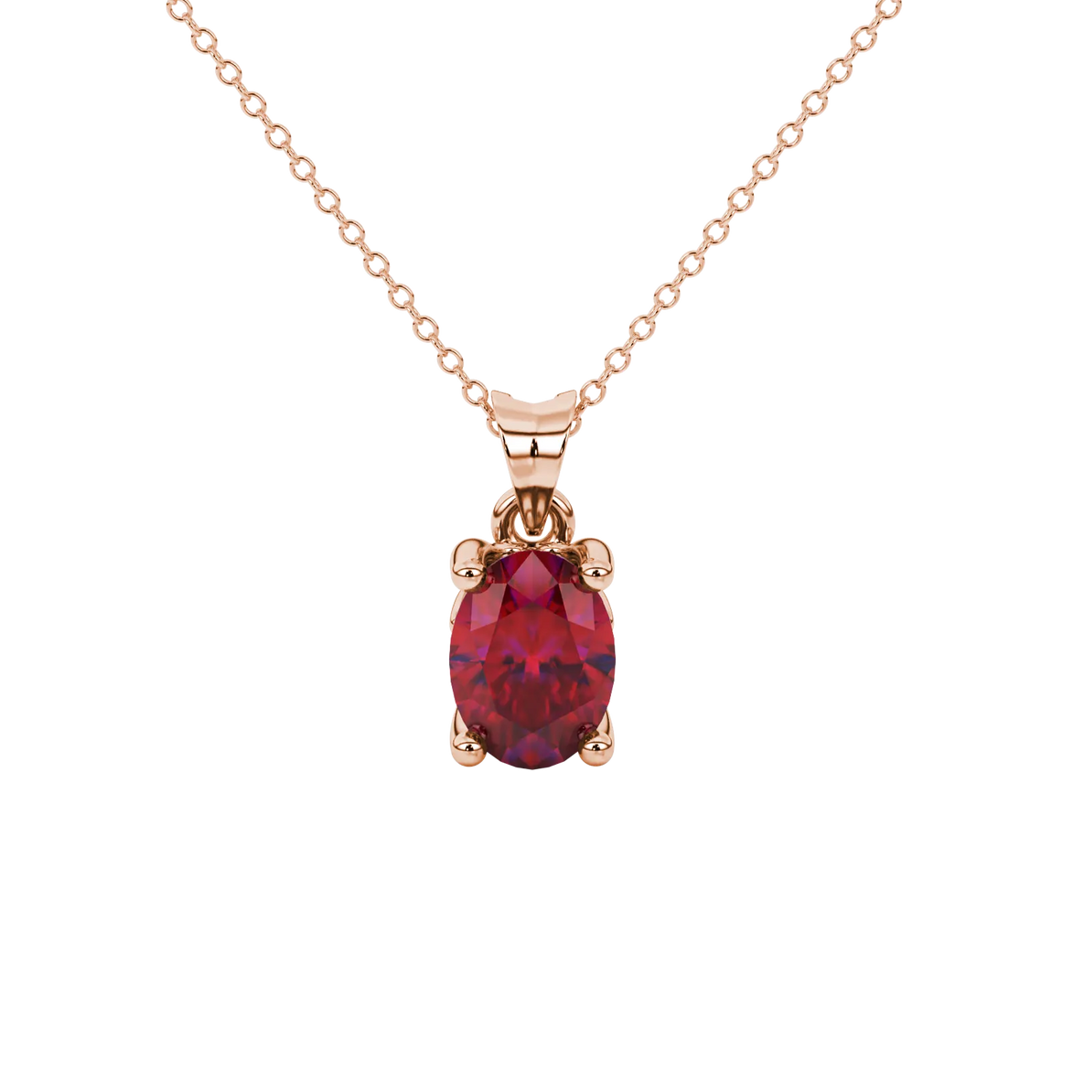 Oval cut raspberry red gemstone pendant, rose gold lotus basket setting.