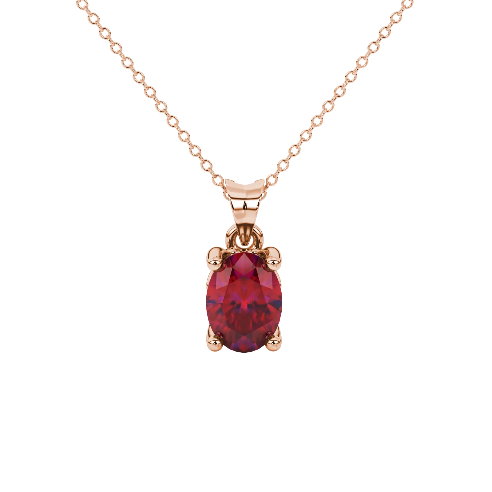 Oval cut raspberry red gemstone pendant, rose gold lotus basket setting.