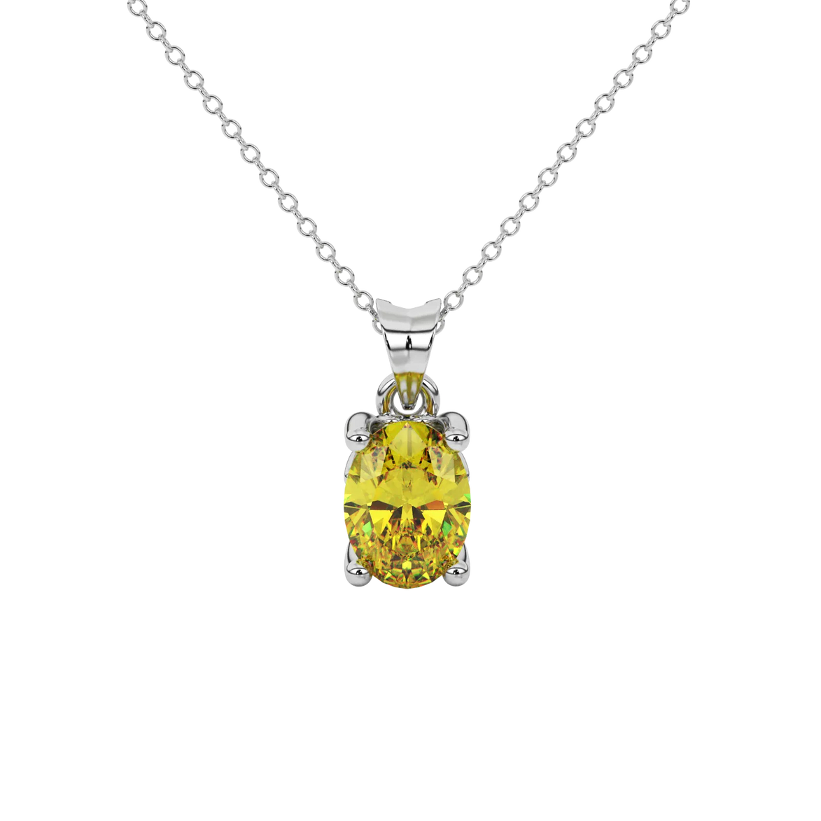 Oval cut canary yellow gemstone pendant, white gold lotus basket setting.