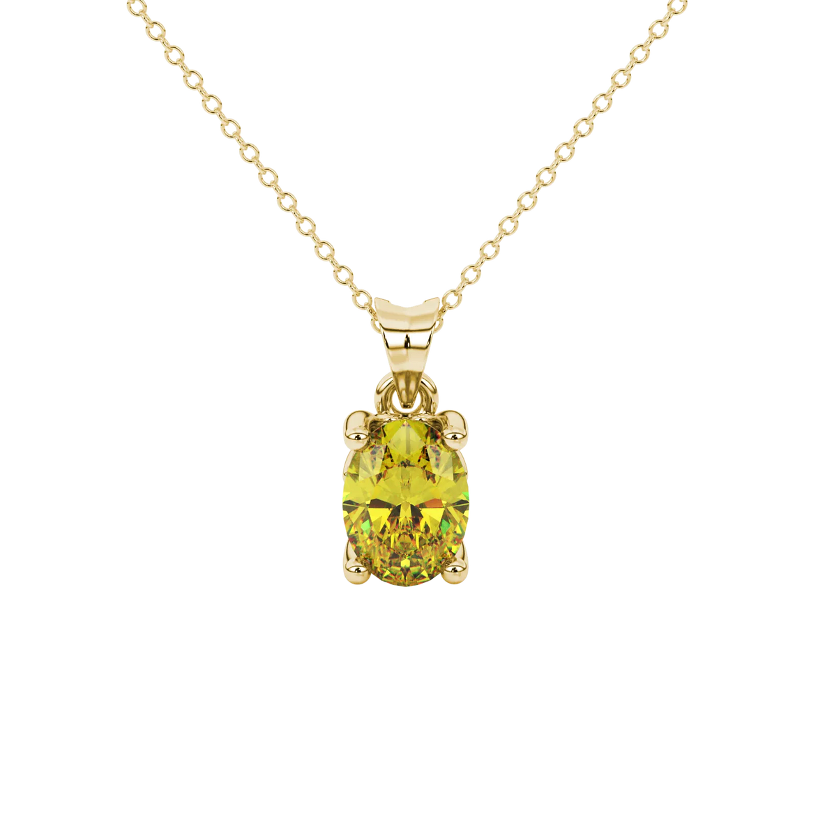 Oval cut canary yellow gemstone pendant, yellow gold lotus basket setting.