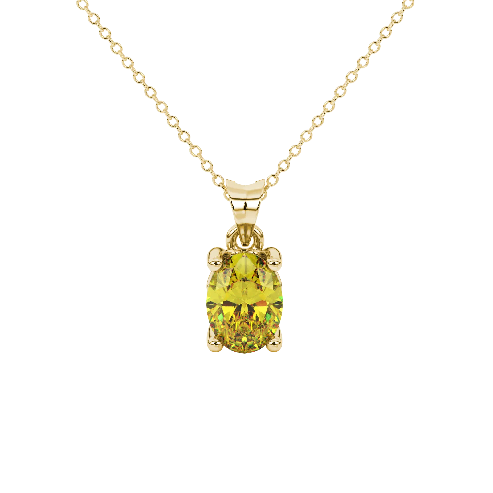 Oval cut canary yellow gemstone pendant, yellow gold lotus basket setting.
