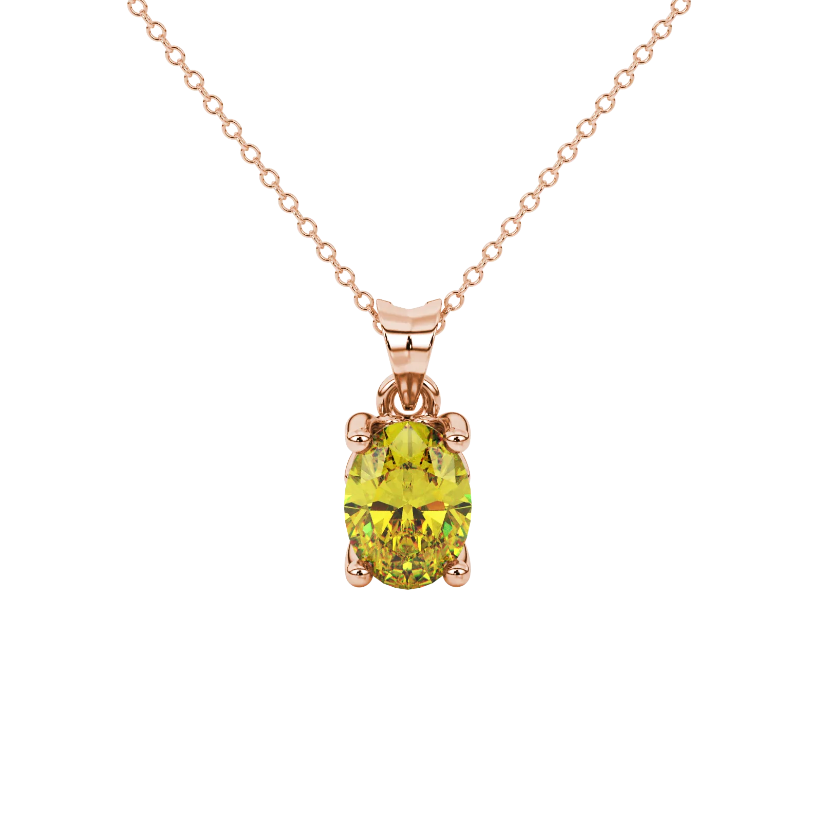 Oval cut canary yellow gemstone pendant, rose gold lotus basket setting.