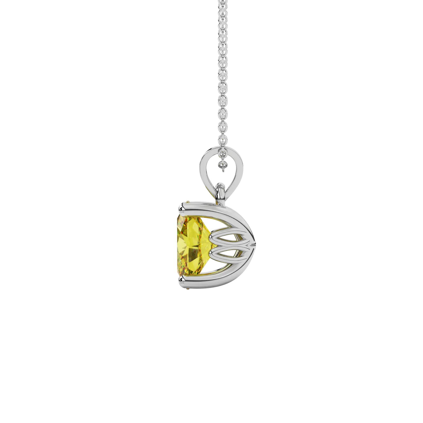 Side profile, white gold canary yellow pendant, lotus basket gallery.