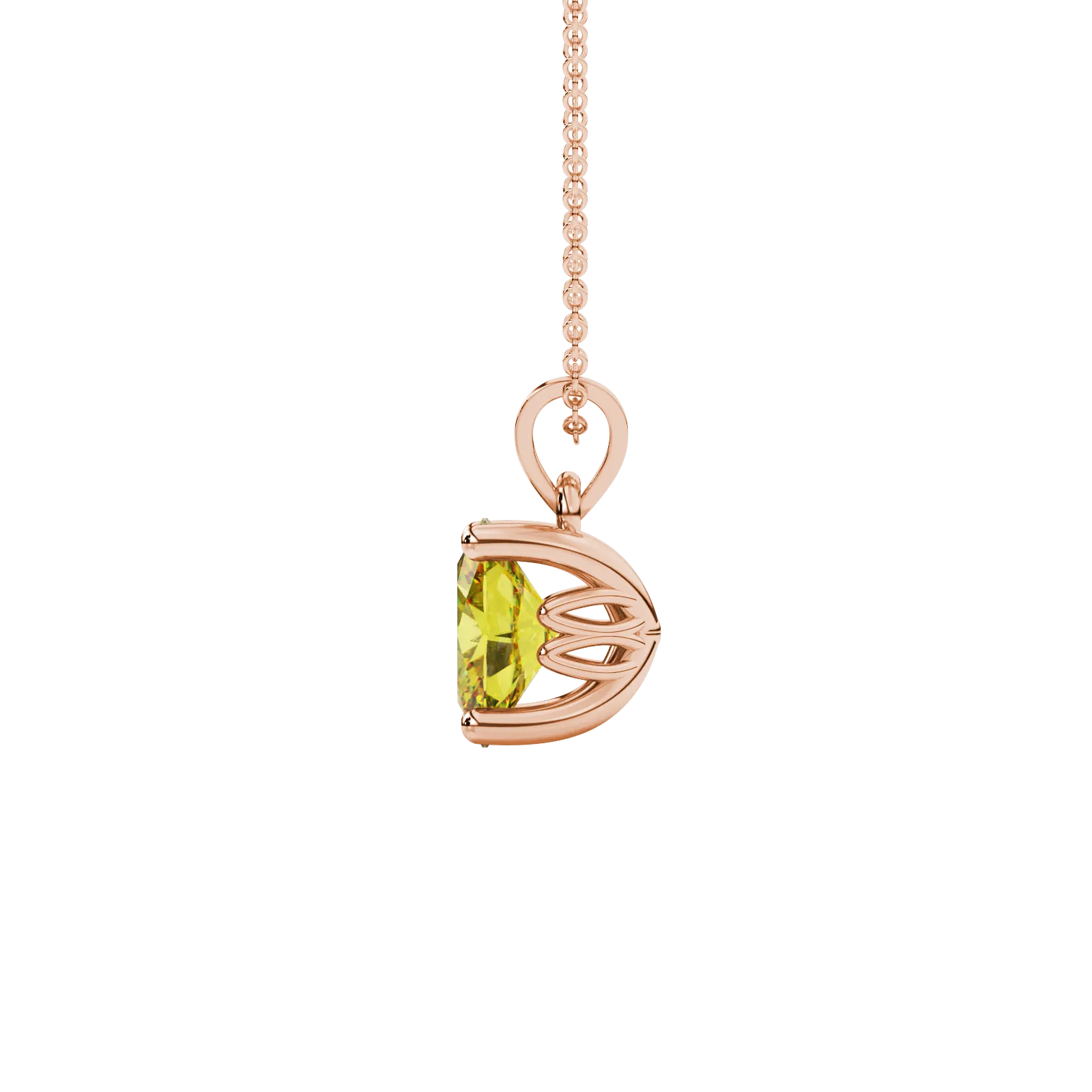 Side profile, rose gold canary yellow pendant, lotus basket gallery.