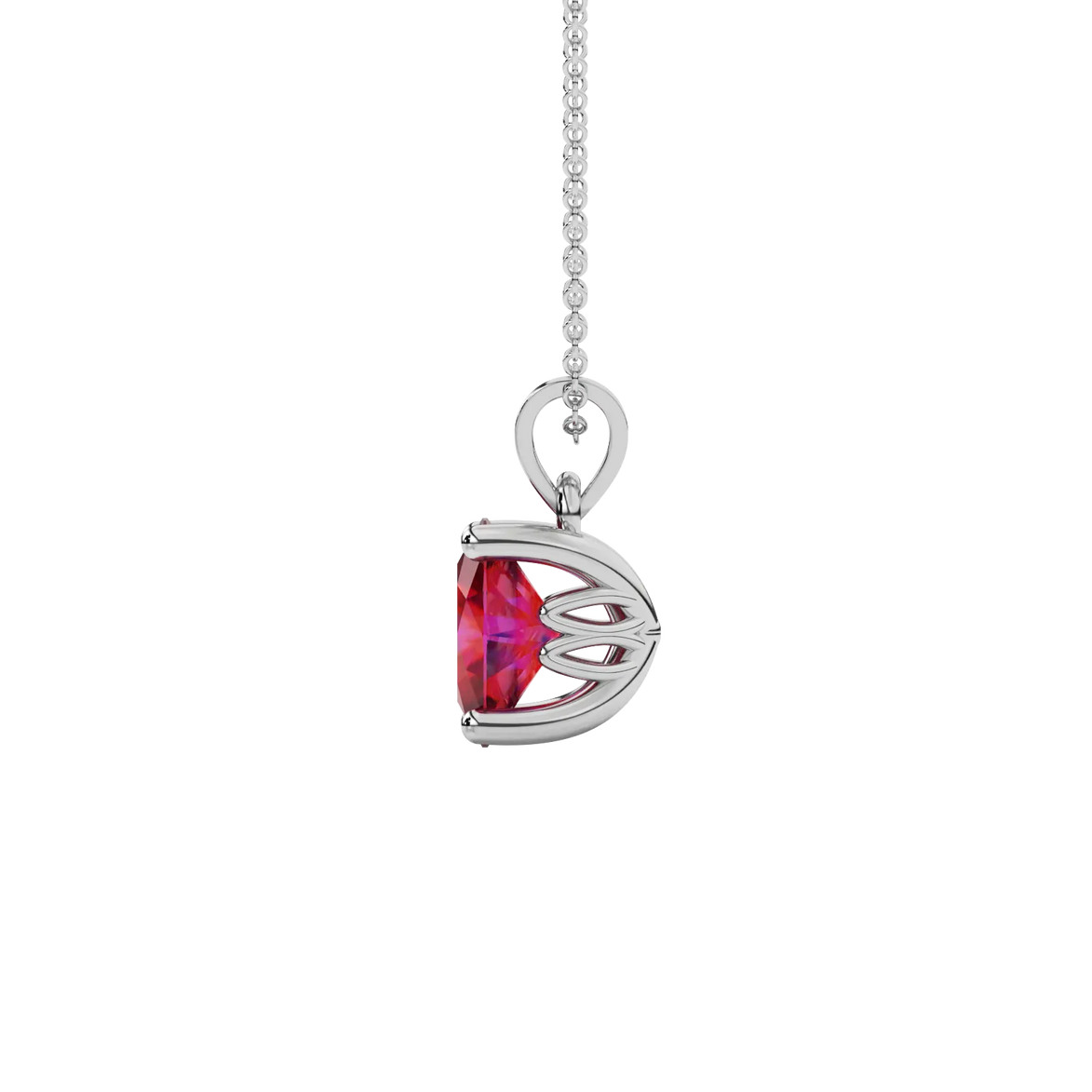 Side profile, white gold raspberry red pendant, lotus basket gallery.