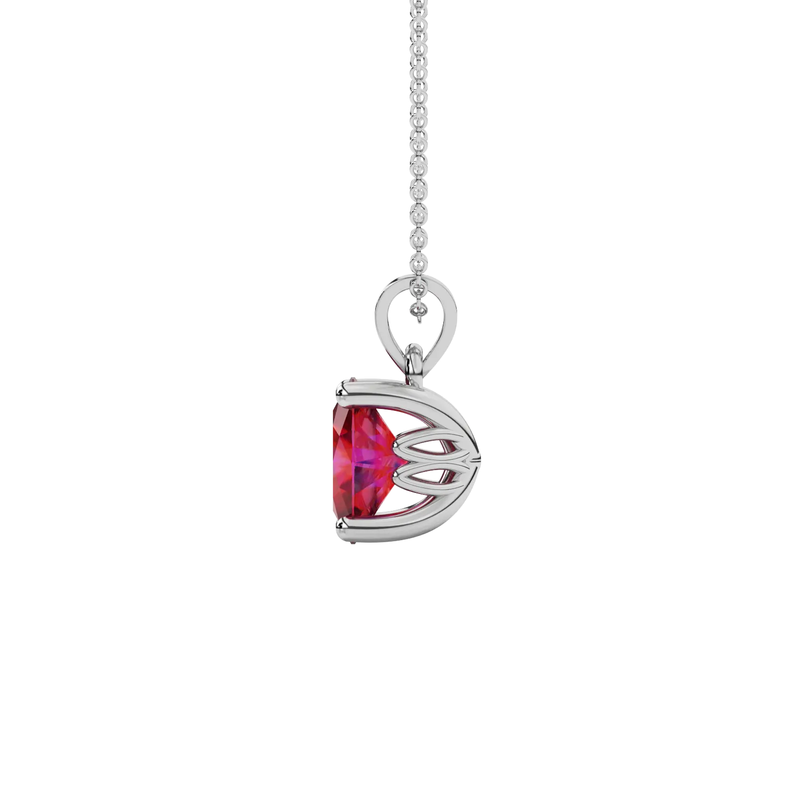 Side profile, white gold raspberry red pendant, lotus basket gallery.