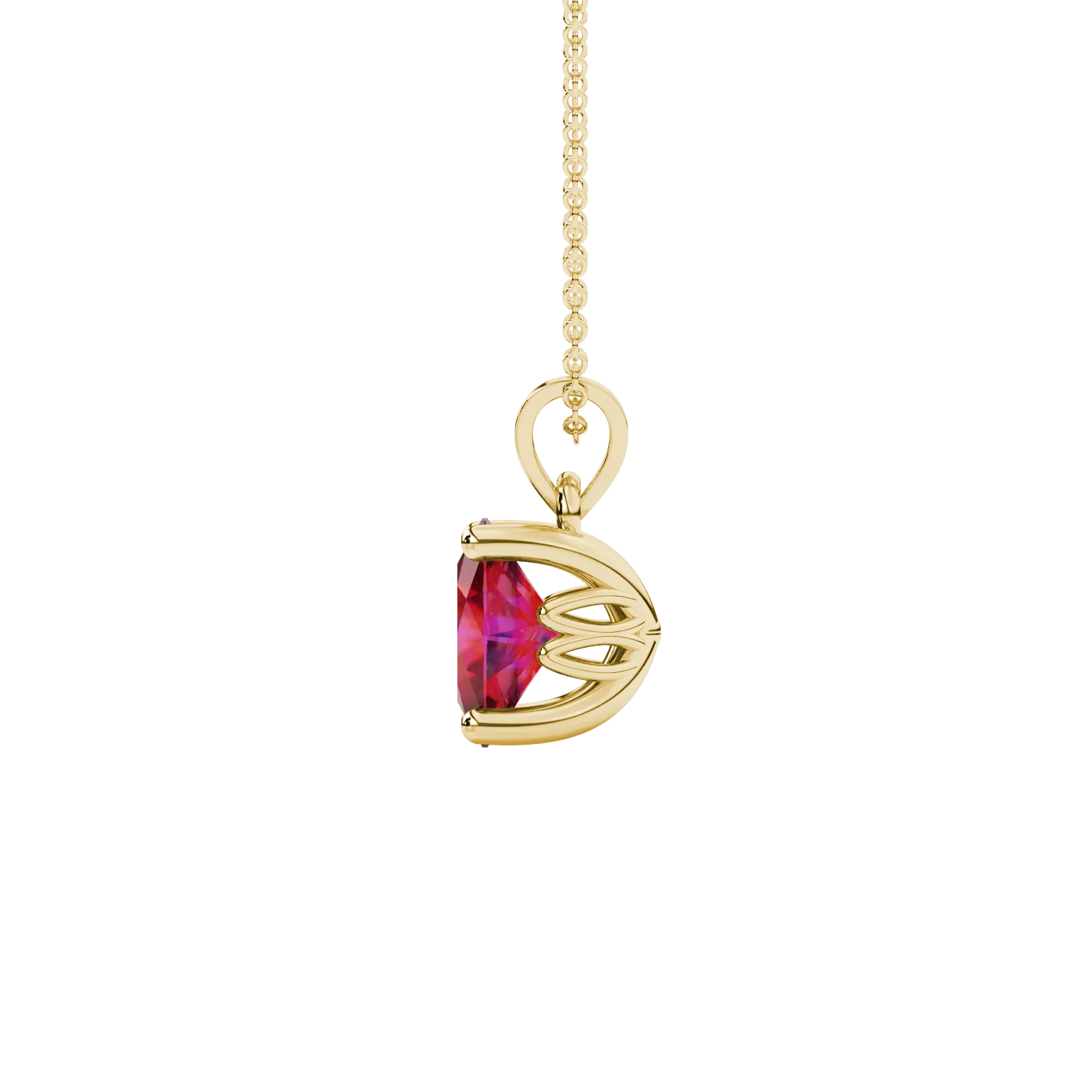 Side profile, yellow gold raspberry red pendant, lotus basket gallery.
