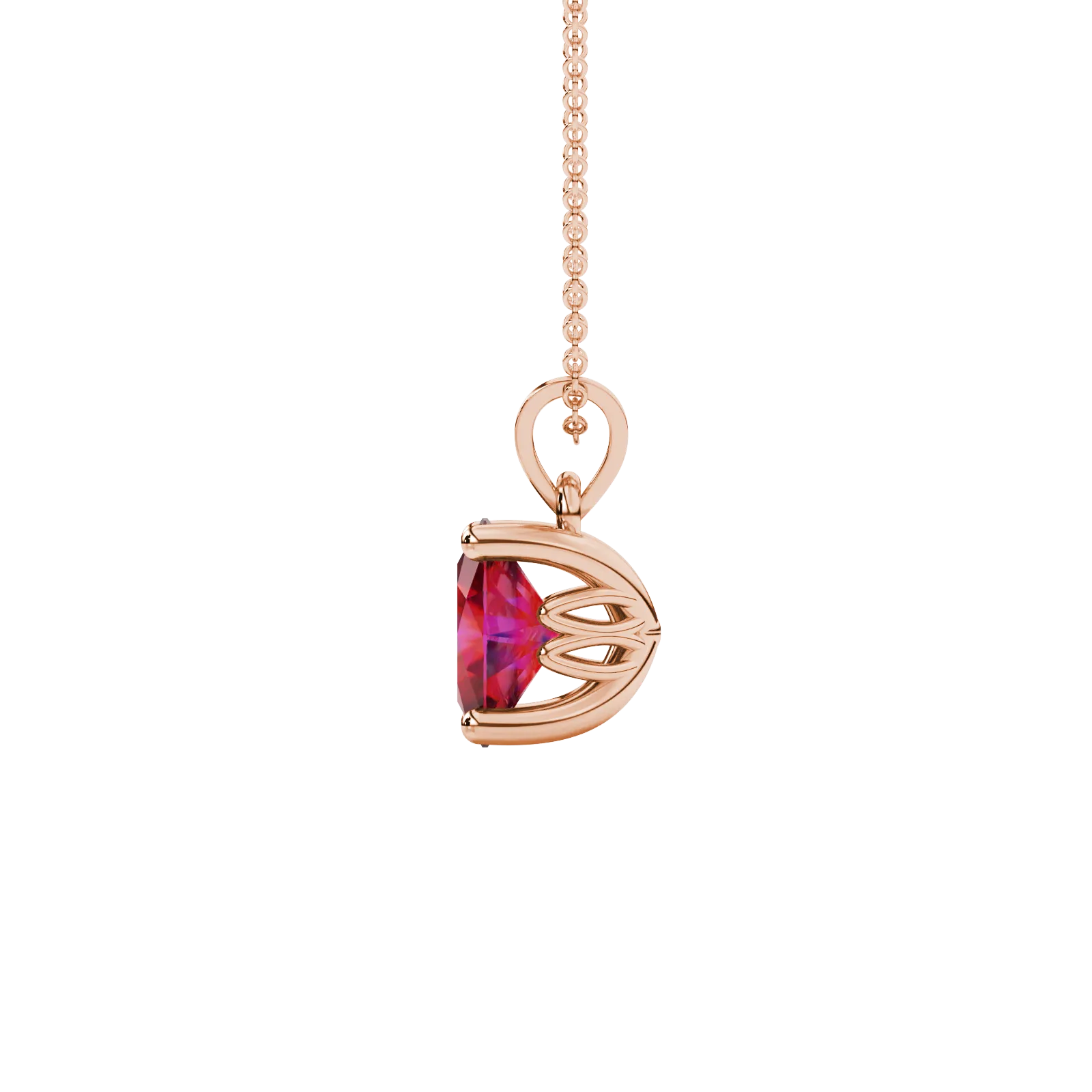 Side profile, rose gold raspberry red pendant, lotus basket gallery.