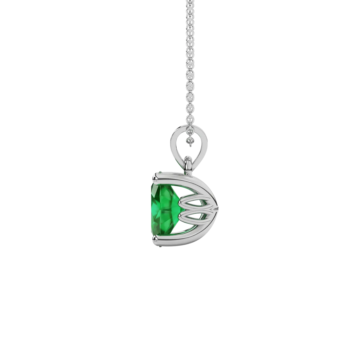 Side profile, white gold emerald green pendant, lotus basket gallery.