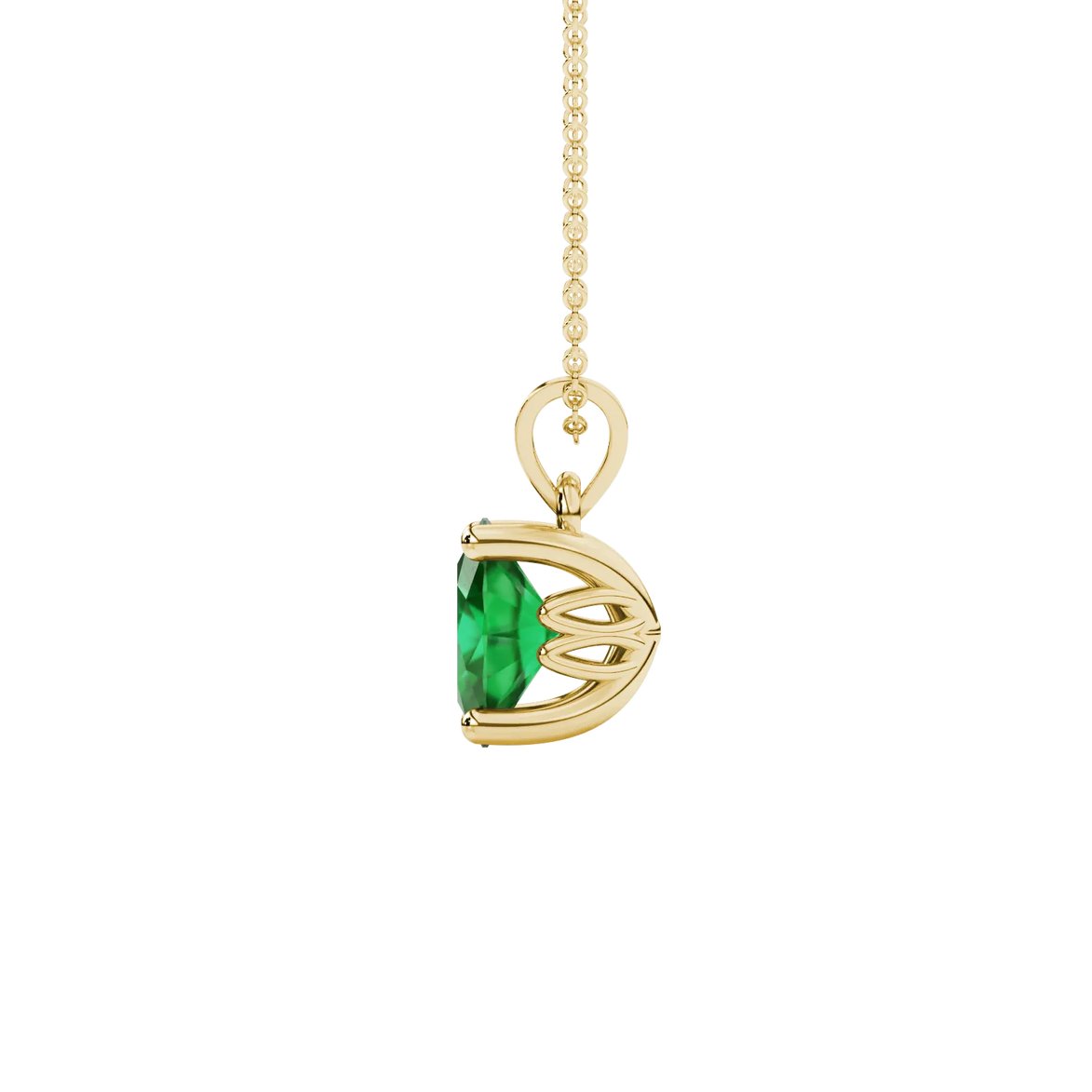 Side profile, yellow gold emerald green pendant, lotus basket gallery.