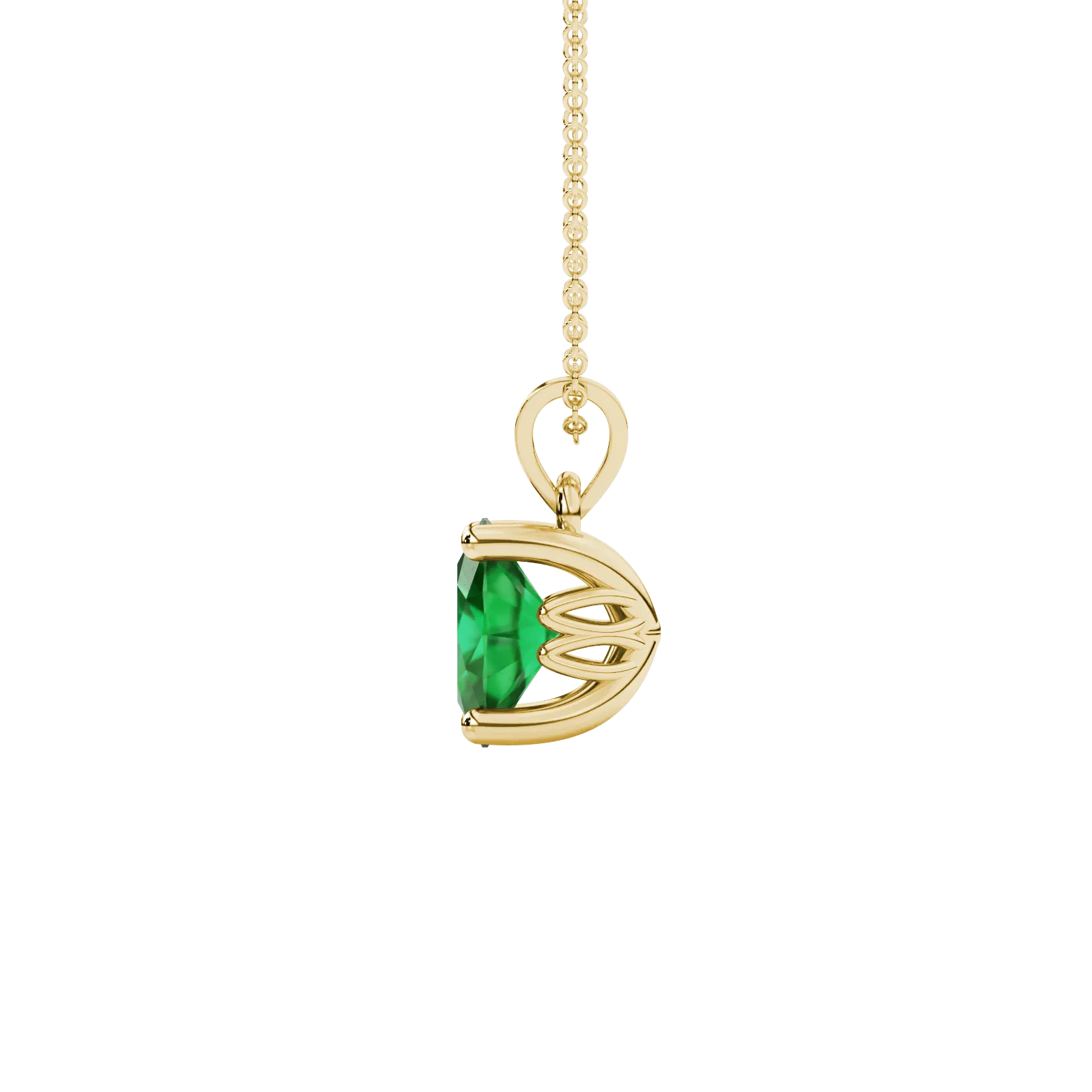 Side profile, yellow gold emerald green pendant, lotus basket gallery.
