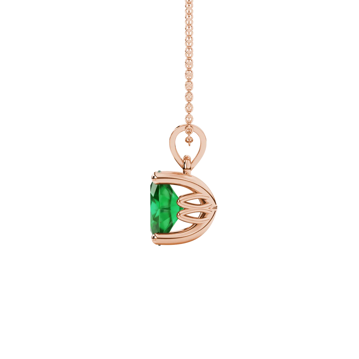 Side profile, rose gold emerald green pendant, lotus basket gallery.