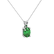 Close-up oval cut emerald green gemstone pendant, white gold lotus basket.