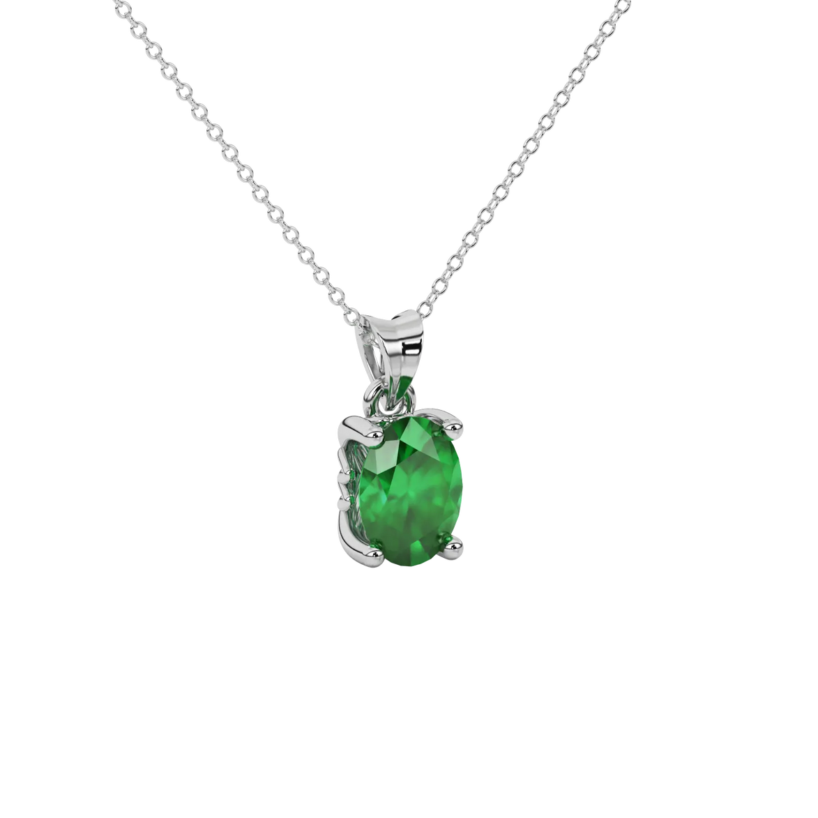 Close-up oval cut emerald green gemstone pendant, white gold lotus basket.
