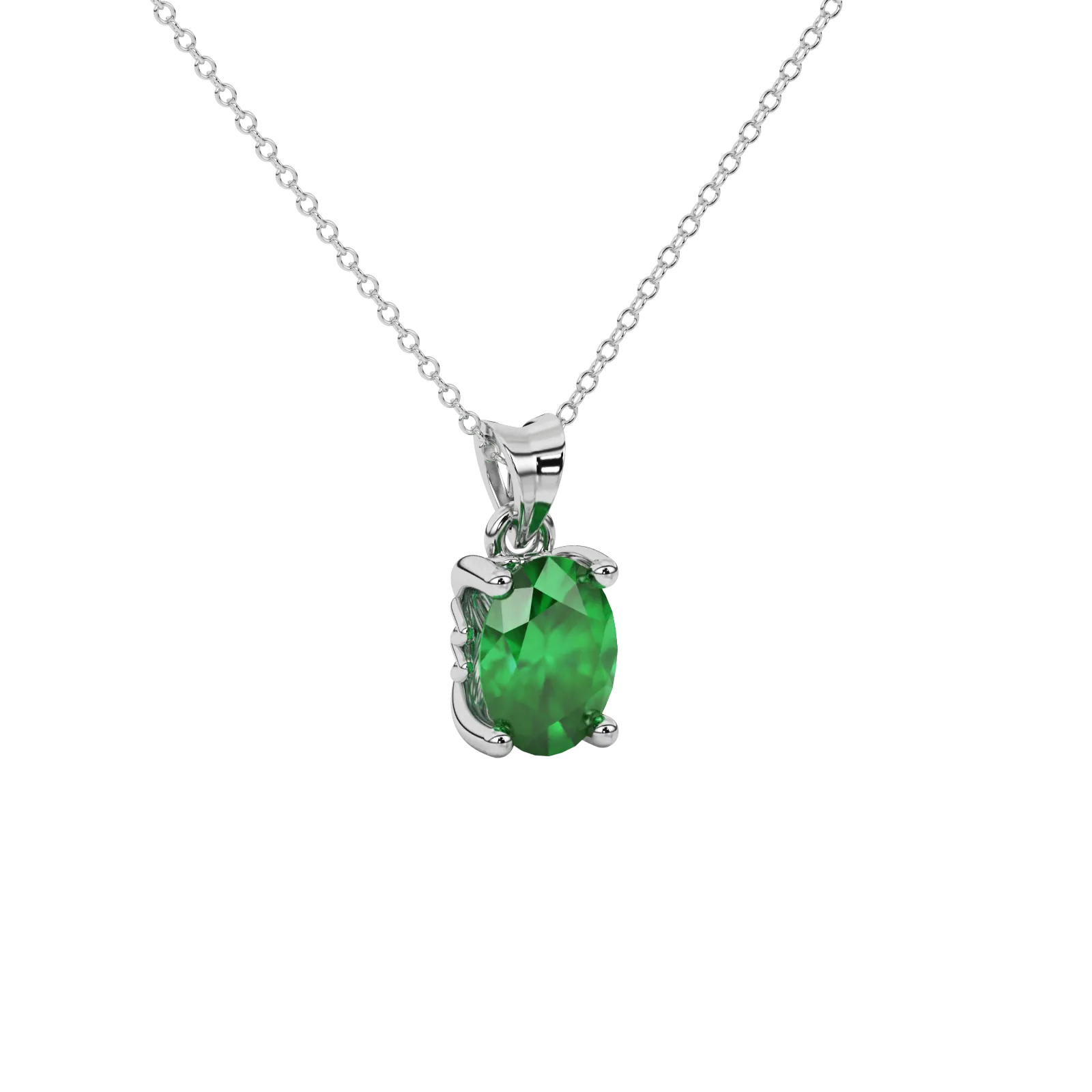 Close-up oval cut emerald green gemstone pendant, white gold lotus basket.