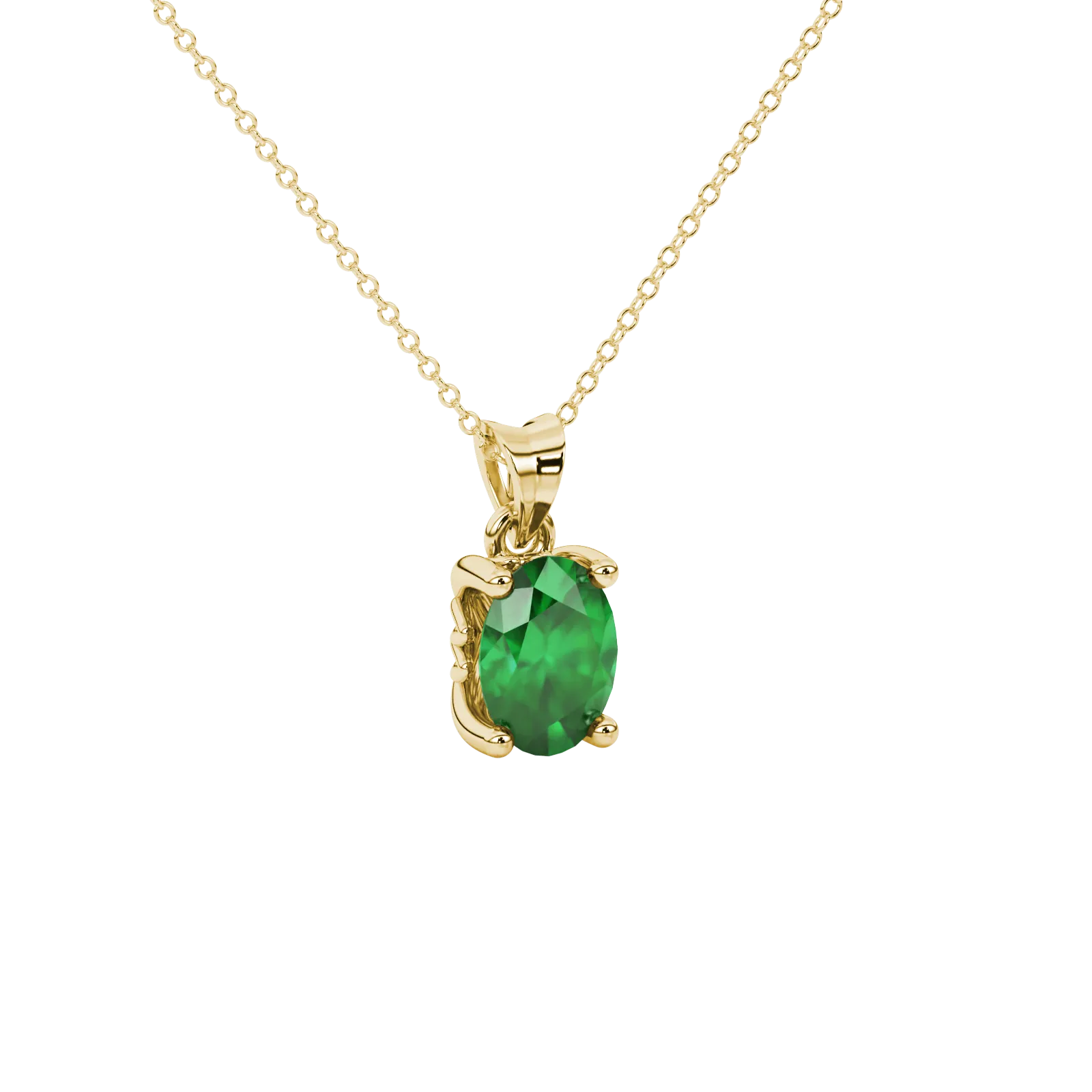 Close-up, oval cut emerald green gemstone, yellow gold lotus basket pendant.