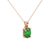 Close-up, oval cut emerald green gemstone pendant, rose gold lotus basket.