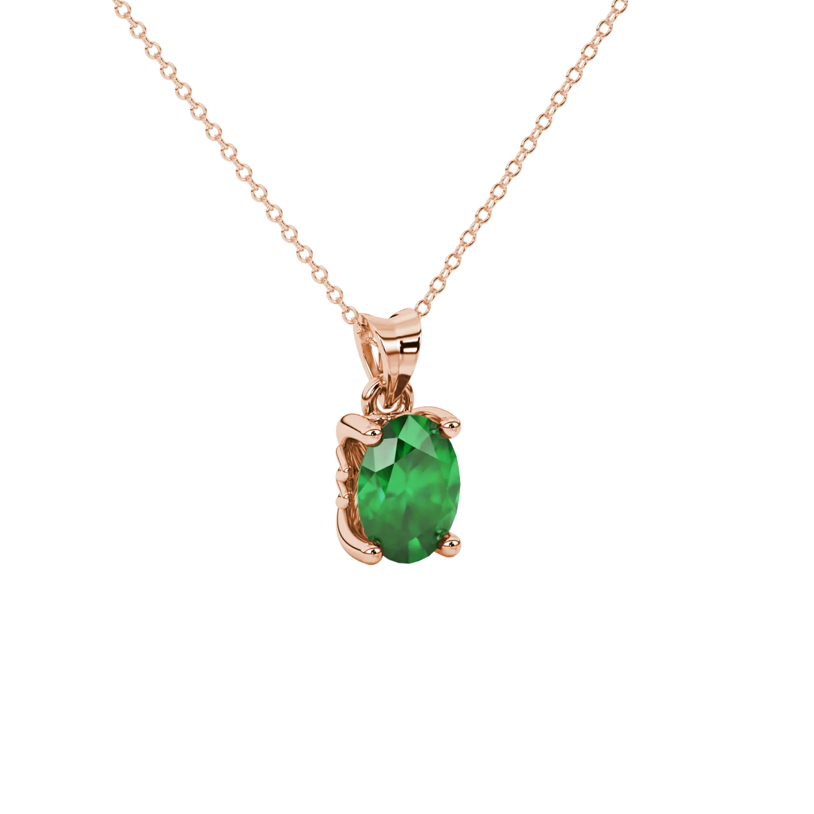 Close-up, oval cut emerald green gemstone pendant, rose gold lotus basket.