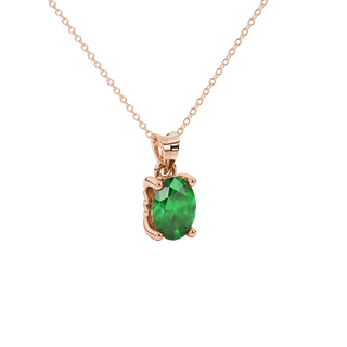 Close-up, oval cut emerald green gemstone pendant, rose gold lotus basket.